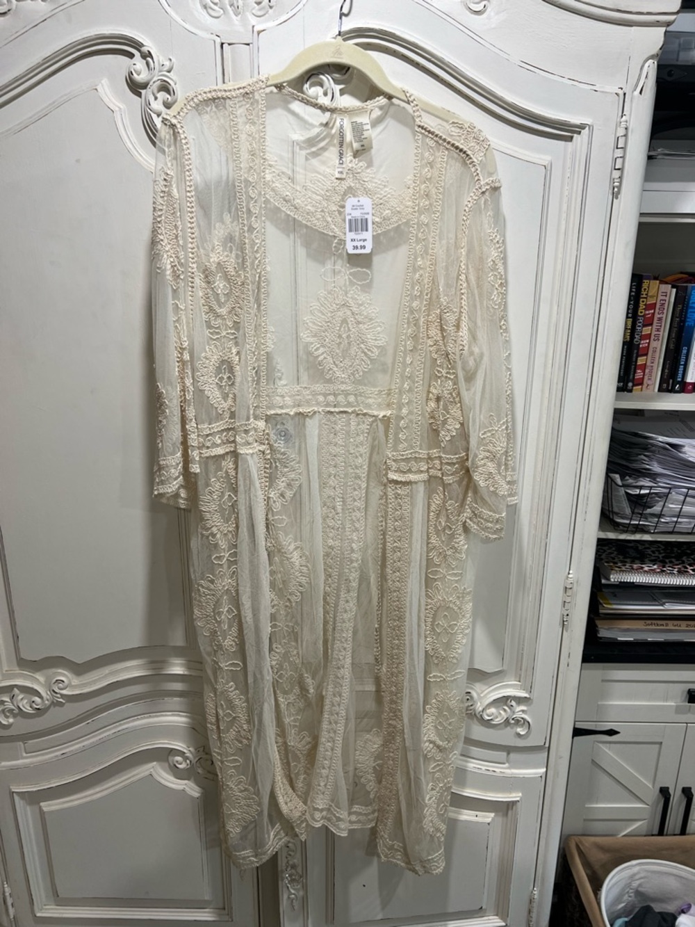 Embroidered Sheer Long Duster in Cream